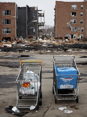 Description of . People push carts with donated items in them past buildings destroyed by a fire that took place during hurricane Sandy and through snow left on the ground after a nor'easter, also kno