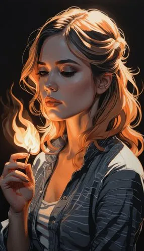 the drawings drawn with lit matches were cute, in the style of feminine portraiture, golden light, light gray, pensive poses, smokey background, light orange and light black, light & shadow, girl at n