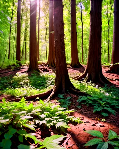 Vibrant forest, sunny day, dense foliage, green leaves, tall trees, trunks thick, branches stretching upwards, roots deep in earth, warm sunlight filtering through leaves, dappled shadows, 3/4 composi