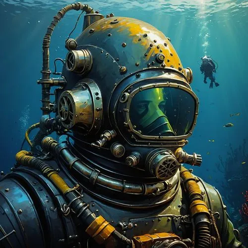 metal helmet deep sea diver. underwater. making repairs,an underwater picture of someone in a diving suit,rebreather,diving helmet,aquanaut,underwater background,scuba,deep sea diving,rebreathers,subm