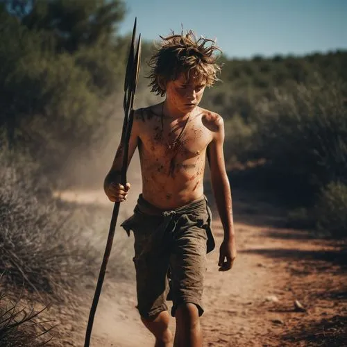 Shirtless sunburn barefoot filthy dirty angry young boy in the wild holding a spear with messy hair covered in sweat dirt and scars in bright sunshine in blazing heatwave sneaking around hunting in th