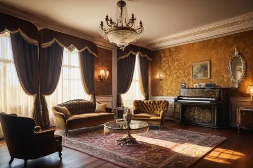 Vintage 1930s home interior, luxurious living room, wooden floor, intricate rug patterns, velvet sofa, antique armchair, ornate coffee table, crystal chandelier, Art Deco wallpaper, golden picture fra