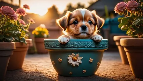 flower pot,flowerpot,golden pot,golden retriever puppy,st bernard outdoor,terracotta flower pot,Photography,General,Fantasy