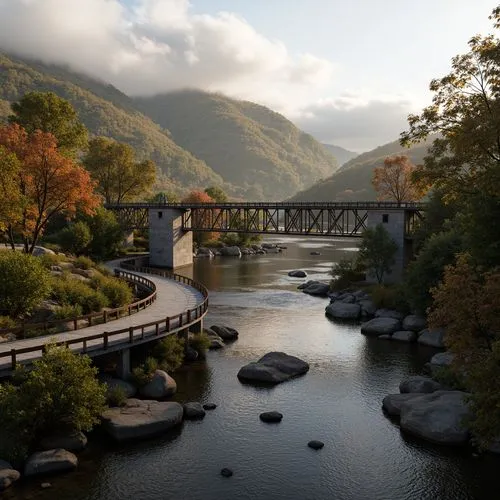 Rustic steel bridges, meandering rivers, lush green forests, rolling hills, natural stone piers, wooden railings, curved walkways, scenic overlooks, misty mornings, warm soft lighting, shallow depth o