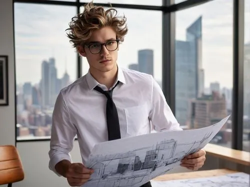 Male, young adult, (25yo), bachelor degree in architecture, casual wear, white shirt, black trousers, glasses, messy hair, holding blueprints, standing, indoor, modern office, cityscape view, natural 