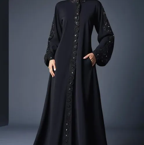 Drawing of  3d for Muslim hejab with sequin with beads black abaya with embroidery loose abaya with lace ,a model in black ababa style clothes,abaya,abayas,sherwani,tahiliani,dress walk black,kaftan,P