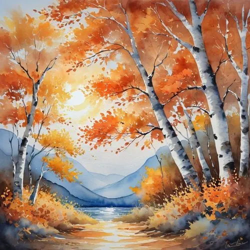 autumn landscape,fall landscape,autumn background,watercolor background,autumn forest,autuori,autumn trees,autumn scenery,autumn mountains,autumn idyll,autumn theme,the autumn,autumn day,watercolor painting,watercolor,autumn walk,autumn frame,watercolor leaves,autumn,watercolor tree,Illustration,Paper based,Paper Based 25