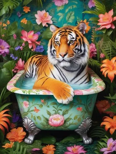 A regal tiger lounging in a vintage, floral-decorated clawfoot bathtub filled with water. The scene is set in a lush, vibrant tropical jungle, surrounded by an explosion of colorful, oversized flowers