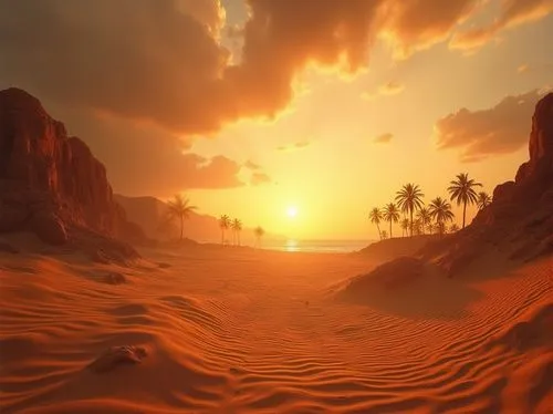 Desert landscape, Ochre color, warm sunset, majestic sand dunes, endless sandy beach, palm trees, rocky formations, vast open space, dramatic clouds, strong shadows, low angle shot, cinematic composit