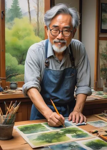 studio ghibli,artist portrait,painting technique,drawing course,oriental painting,japanese art,meticulous painting,caricaturist,choi kwang-do,male poses for drawing,elderly man,photo painting,craftsman,jin deui,2d,luo han guo,table artist,shirakami-sanchi,miyeok guk,holding a frame,Illustration,Realistic Fantasy,Realistic Fantasy 30