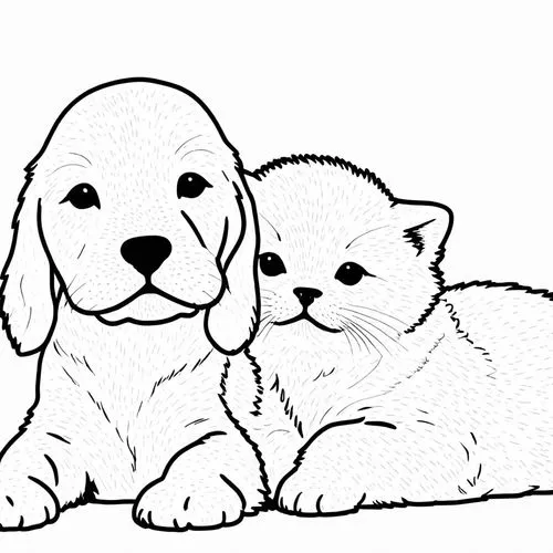 a kitten and dog sitting together coloring,dog line art,dog siblings,puppies,two dogs,pups,dog and cat,Design Sketch,Design Sketch,Rough Outline