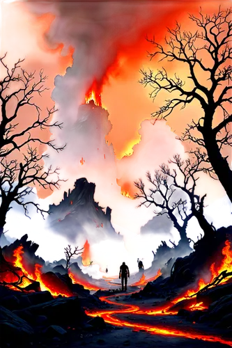 scorched earth,firestorms,volcanic landscape,firelands,forest fire,fire background,burned land,volcanic,burning earth,badland,fire mountain,scorched,lava,fire land,lava river,fire planet,wildfire,magmatic,dusk background,burning bush,Illustration,Realistic Fantasy,Realistic Fantasy 01