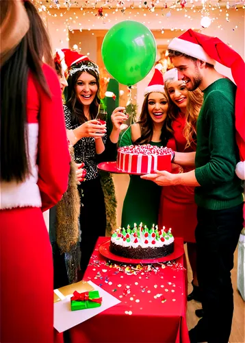 Christmas party scene, festive atmosphere, adult guests, men and women, Santa hats, red and green clothing, tinsel decorations, balloons, champagne glasses, cake with candles, gifts wrapped in colorfu