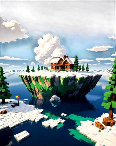 floating islands,floating island,lowpoly,voxel,skylands,virtual landscape,house with lake,mushroom island,voxels,3d render,low poly,cloudcroft,microworlds,an island far away landscape,cartoon video game background,terraformer,log home,alpine village,island suspended,3d fantasy,Unique,Pixel,Pixel 03