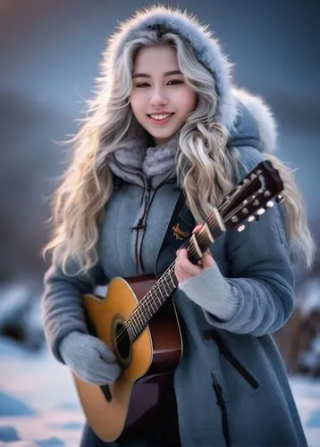 Winter scenery, snowy landscape, frosty morning, solo girl, 18yo, porcelain skin, rosy cheeks, long silver hair, frozen eyelashes, warm coat, fur hood, snow boots, holding a guitar, singing, gentle sm