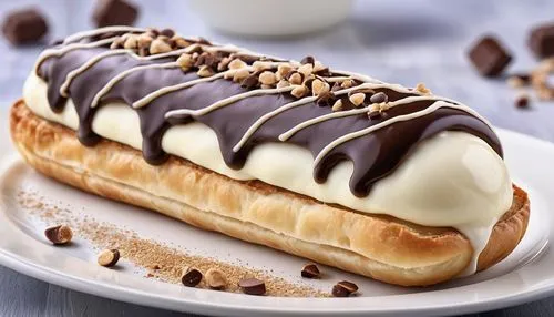 eclair,waffle ice cream,frikandel,chocolate croissant,liege waffle,turrón,choux pastry,roll pastry,mille-feuille,belgian waffle,chocolate cream puffs,cannoli,ice cream bar,strudel,danish pastry,vanillekipferl,nut-nougat cream,chiboust cream,ice cream chocolate,waffle,Photography,General,Realistic