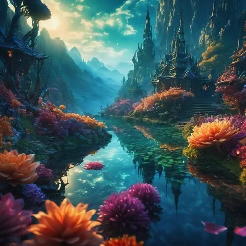 underwater landscape,fantasy landscape,fairy world,underwater oasis,underwater background,fantasy picture,3d fantasy,fairy forest,mushroom landscape,fairy village,fantasia,full hd wallpaper,sea of flowers,fantasy art,fractal environment,coral reef,lagoon,wonderland,fantasy world,underwater world,Illustration,Realistic Fantasy,Realistic Fantasy 37