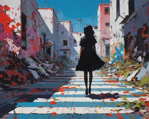 girl walking away,girl in a long,fallen petals,woman walking,2d,pedestrian,sidonia,fallen colorful,world digital painting,shirakami-sanchi,alley,studio ghibli,way of the roses,falling flowers,colorful city,italian painter,girl in a long dress,amano,artist color,persona,Conceptual Art,Oil color,Oil Color 07