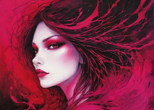 scarlet witch,deep pink,fuchsia,red magnolia,dark pink in colour,dark pink,fashion illustration,crimson,pink lady,fuschia,la violetta,pink quill,lollo rosso,red-purple,rouge,magenta,fantasy portrait,darth talon,red paint,fantasy art,Illustration,Paper based,Paper Based 18