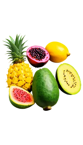 Colorful exotic fruits, assorted arrangement, dragon fruit, pineapple, kiwi, passionfruit, mango, papaya, berries, grapes, realistic textures, vibrant colors, 3/4 composition, shallow depth of field, 