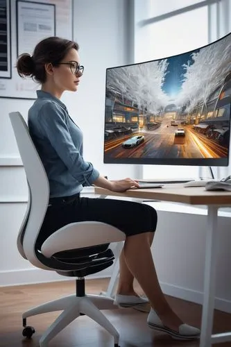 new concept arms chair,blur office background,girl at the computer,computer monitor,telepresence,office chair,fractal design,ergonomically,woman sitting,monitor,monitors,ergonomic,computable,computer workstation,computer graphics,multiscreen,eye tracking,deskjet,computerologist,ergonomics,Conceptual Art,Oil color,Oil Color 05