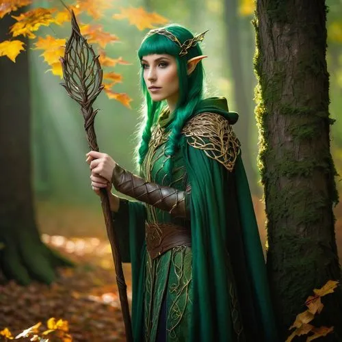 Woodland elf, slender figure, pointed ears, emerald green hair, gentle facial features, earthy makeup, intricate wooden armor, leaf-patterned cloak, holding a glowing staff, standing amidst autumn for