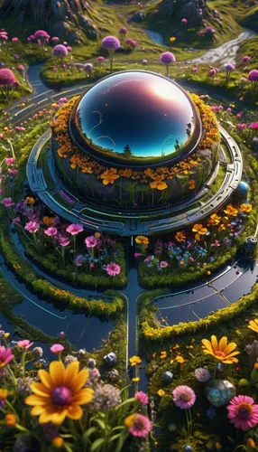 cosmos field,futuristic landscape,cosmos,flower dome,flower clock,blooming field,highway roundabout,traffic circle,utopian,roundabout,alien world,flower field,alien planet,cosmic flower,solar cell base,stone lotus,terraforming,mushroom landscape,field of flowers,torus,Photography,General,Sci-Fi