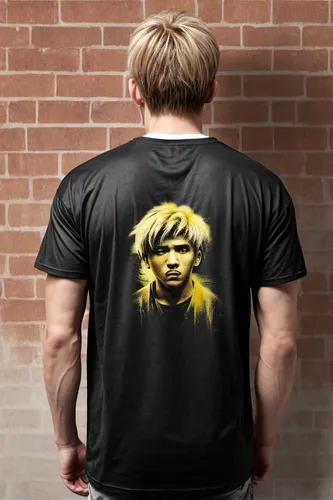  blondie man standing on his back, realistic skin texture, realistic hair texture, urban background with brick walls, with black and yellow and white graffiti, realistic texture of cotton fabric quali