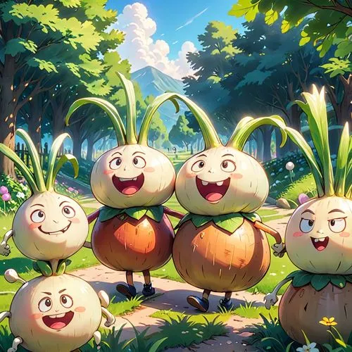 In an outdoor park, several anthropomorphized turnips with short legs and small arms are spread across the scene, with different expressions and poses. Some turnips have angry expressions, while other