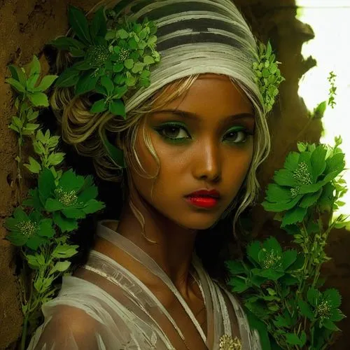 a portrait of a young lady with green eyes,background ivy,dryad,ancient egyptian girl,fantasy portrait,girl in a wreath,saria,Illustration,American Style,American Style 12