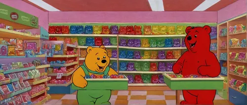 Write a funny dialogue between two gummy bears in a candy store.,gummybears,gummy bears,toy store,candy store,gummies,the bears,candy shop,gummi candy,gummy bear,bears,party supply,pet shop,pet supply