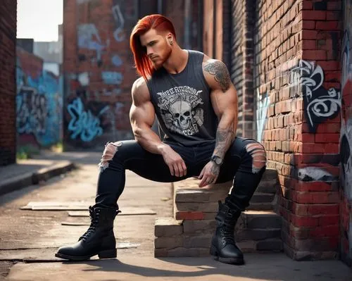 Red hair, bold tattoo, muscular man, sleeveless shirt, ripped jeans, black boots, confident posture, leaning against, brick wall, urban alleyway, graffiti background, dramatic lighting, strong shadows