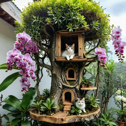 cat tree of life,wisteria shelf,garden decor,fairy house,garden ornament,flower cat,cats in tree,bengal clock vine,animal tower,garden decoration,climbing garden,floral corner,tree house,cat frame,flower stand,japanese garden ornament,easter décor,bird house,bengal clockvine,tropical bird climber,Photography,General,Natural