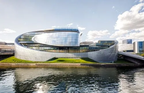 A sunny day, modern architecture of steel and glass, surrounded by trees on the riverbank,mercedes-benz museum,autostadt wolfsburg,futuristic art museum,guggenheim museum,futuristic architecture,bunde