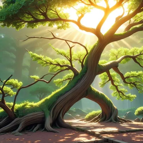 arvore e o sol,an illustration of a tree with green leaves and sun beams through the nches,cartoon video game background,flourishing tree,cartoon forest,nature background,tree of life,forest tree,Anim