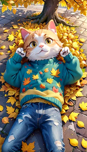 a cute cat, lying and posing on the ground, wearing a sweater and sneakers, full of yellow leaves falling from the tree

Pixar 3D style,autumn background,autumn theme,autumn day,autumn season,autumn i