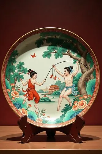 Large Chinese enamel plate, nymphs gymnastic scene, Ming Dynasty, on display in a museum by artist "anime", Anime Key Visual, Japanese Manga, Pixiv, Zerochan, Anime art, Fantia,a decorative plate with