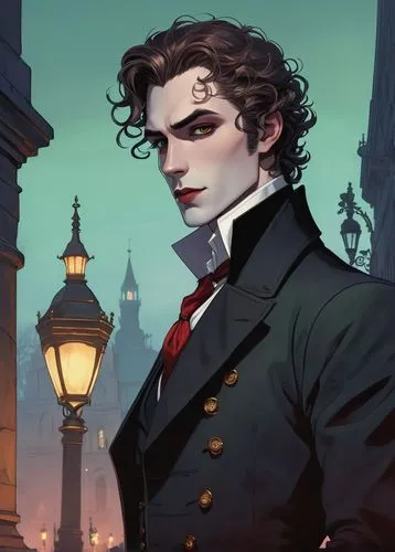 robert harbeck,vampire,victorian,dracula,game illustration,phantom,the victorian era,butler,aristocrat,vampires,cravat,venetia,gas lamp,victorian style,french digital background,vampire woman,joker,masquerade,gothic portrait,transistor,Illustration,Japanese style,Japanese Style 07