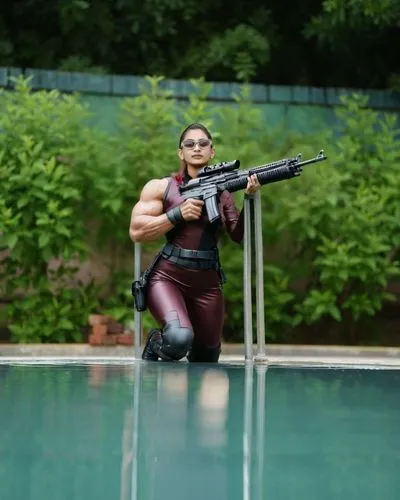 hard woman,female swimmer,muscle woman,pool cleaning,cosplay image,girl with a gun,girl with gun,woman holding gun,action hero,cosplayer,super heroine,female warrior,actionfigure,action figure,greta oto,cyberpunk,harley quinn,dug-out pool,ronda,mercenary