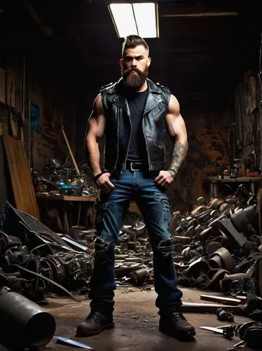 Lorax creator, male, muscular, 30yo, rugged beard, messy short hair, piercing blue eyes, tattoos on arms, black leather jacket, ripped jeans, heavy boots, intense gaze, standing, workshop, metal scrap