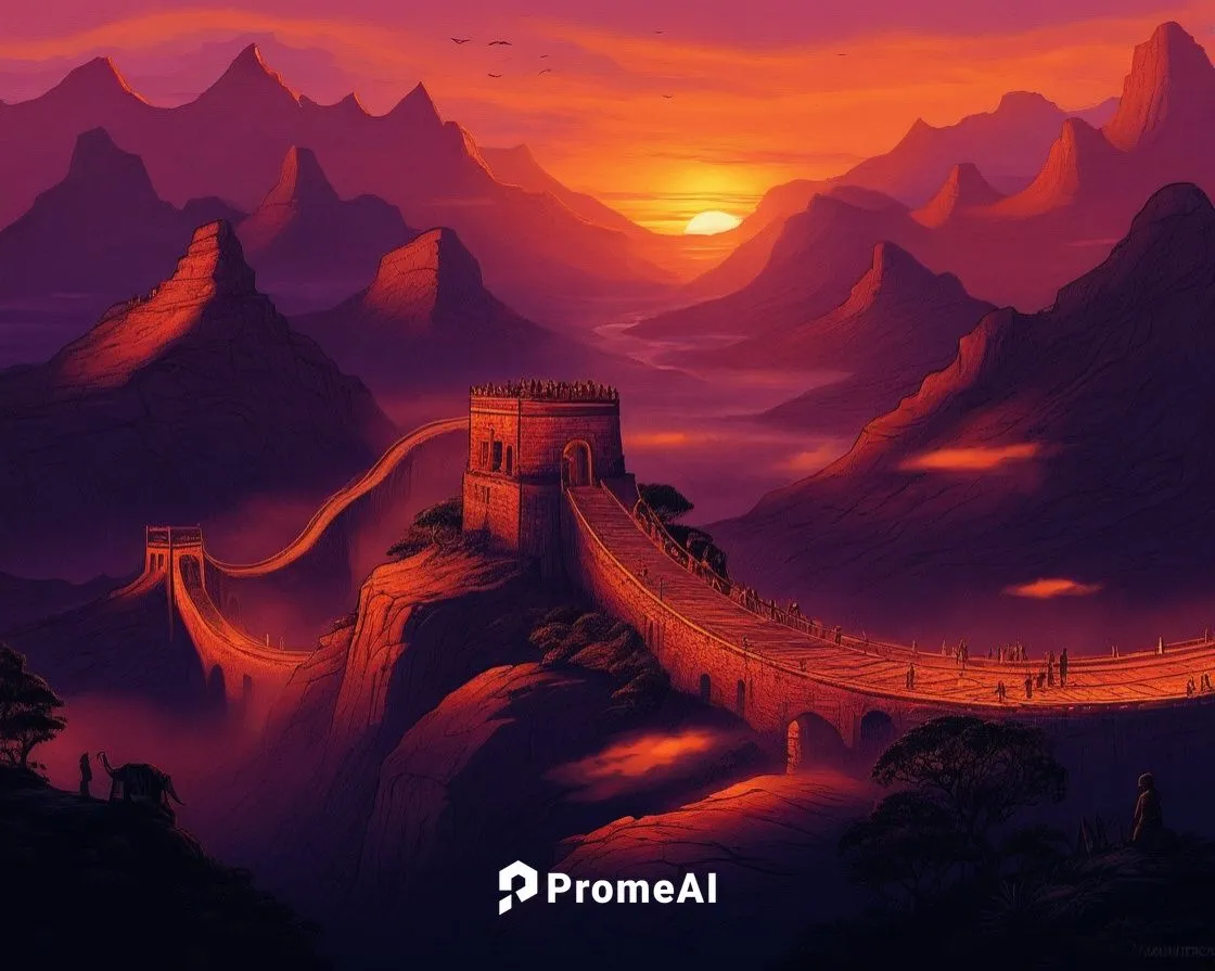 sunset at africa,an illustration with a sunset over the mountain,great wall,fantasy landscape,khandaq,cartoon video game background,mountainous landscape,mountain landscape,Illustration,Realistic Fant