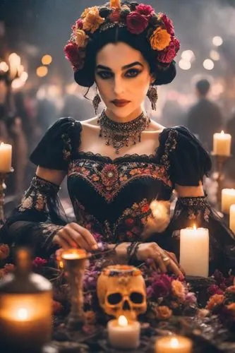  Mexican woman, black dramatic dress, Flowers in the hair, bones, ghost and deads, villain vibes, from Mexico. Día de los Muertos in Mexico, Catrina make-up, how the movie Coco, Mexican tradition. Dar