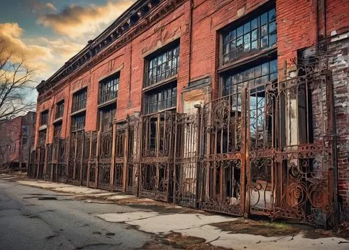 Historic Boston MA, architectural salvage yard, rusty old gates, worn brick walls, vintage lanterns, distressed wooden doors, ornate metal railings, reclaimed lumber, industrial-style windows, urban d