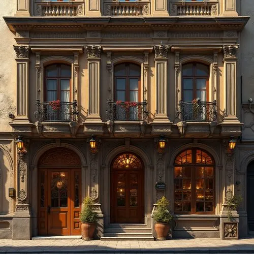 Grandiose pub facade, ornate classical details, rusticated stone walls, arched windows, Corinthian columns, carved wooden doors, intricate moldings, lavish decorations, rich textiles, warm golden ligh