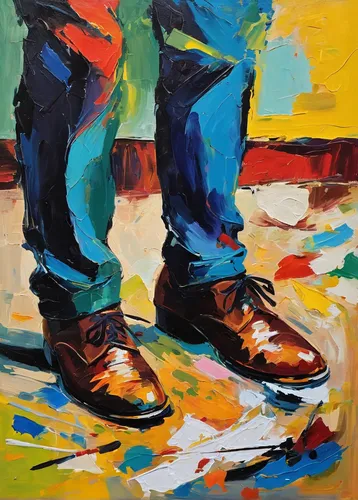 dancing shoes,walking boots,used shoes,holding shoes,dancing shoe,pedestrian,painting technique,straw shoes,artistic roller skating,walking shoe,oil on canvas,oil painting on canvas,old shoes,shoes icon,hiking boots,blue shoes,a pedestrian,oil painting,foot steps,abstract multicolor,Conceptual Art,Oil color,Oil Color 20