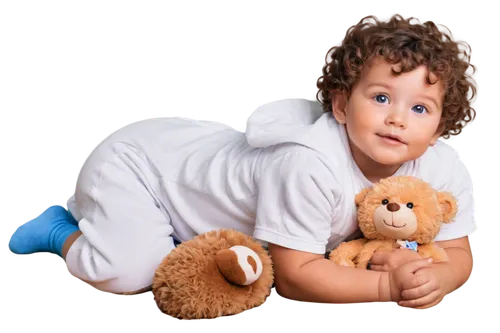 Baby boy, 5 months old, lying down, chubby cheeks, big eyes, soft curly hair, gentle smile, white onesie, baby blue socks, tiny hands holding toy, warm lighting, shallow depth of field, pastel color t