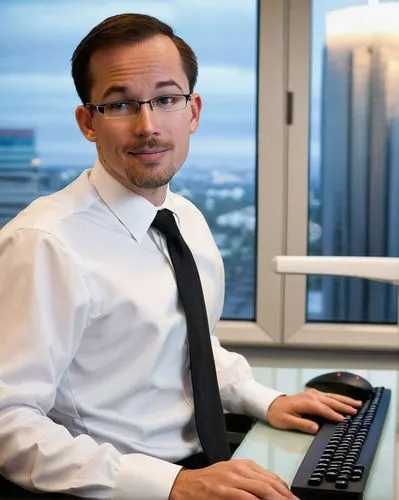 "Cisco, network engineer, male, (30yo), short hair, glasses, white shirt, black tie, formal pants, sitting, desk, computer, keyboard, mouse, router, switch, network diagram, whiteboard, markers, confe