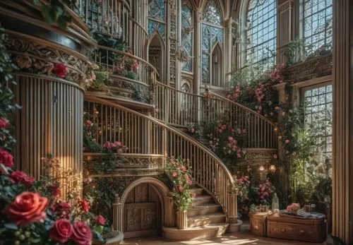 staircase,ornate room,victorian,outside staircase,entryway,floral decorations,Photography,General,Fantasy