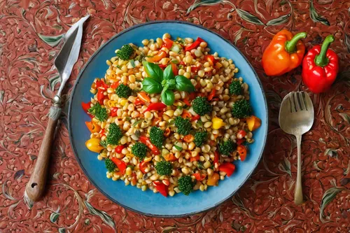 corn salad,fregula,couscous,succotash,wheatberry,thai fried rice,freekeh,nasi goreng,tabbouleh,spiced rice,farmer's salad,eritrean cuisine,vegetable salad,arroz con pollo,stir fried fish with sweet chili,sambal chilli,picadillo,menemen,ras el hanout,khichdi,Art,Classical Oil Painting,Classical Oil Painting 40