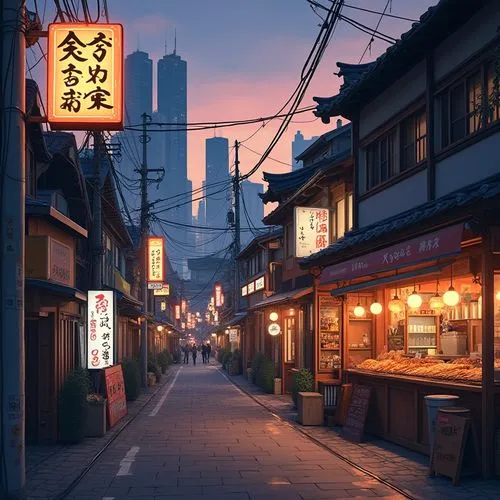 several small roadside izakaya street food corner, Shinyuku skyscrapers in the background, japanese temple on the left, flashing Neon advertisments, yakitori squeres on a japanese yakitori grill, suns